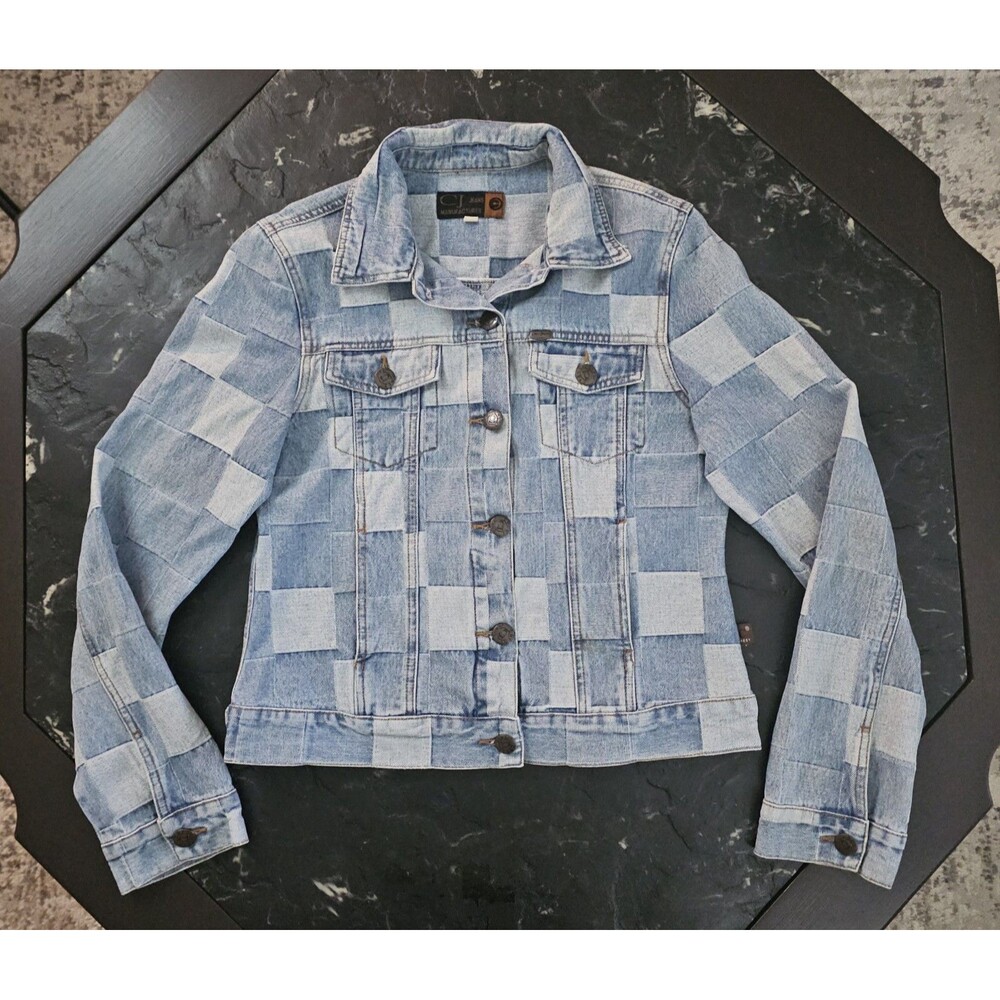 Vintage Crest CJ Jeans Y2K Woven Patchwork Denim Jacket Womens L Checkerboard